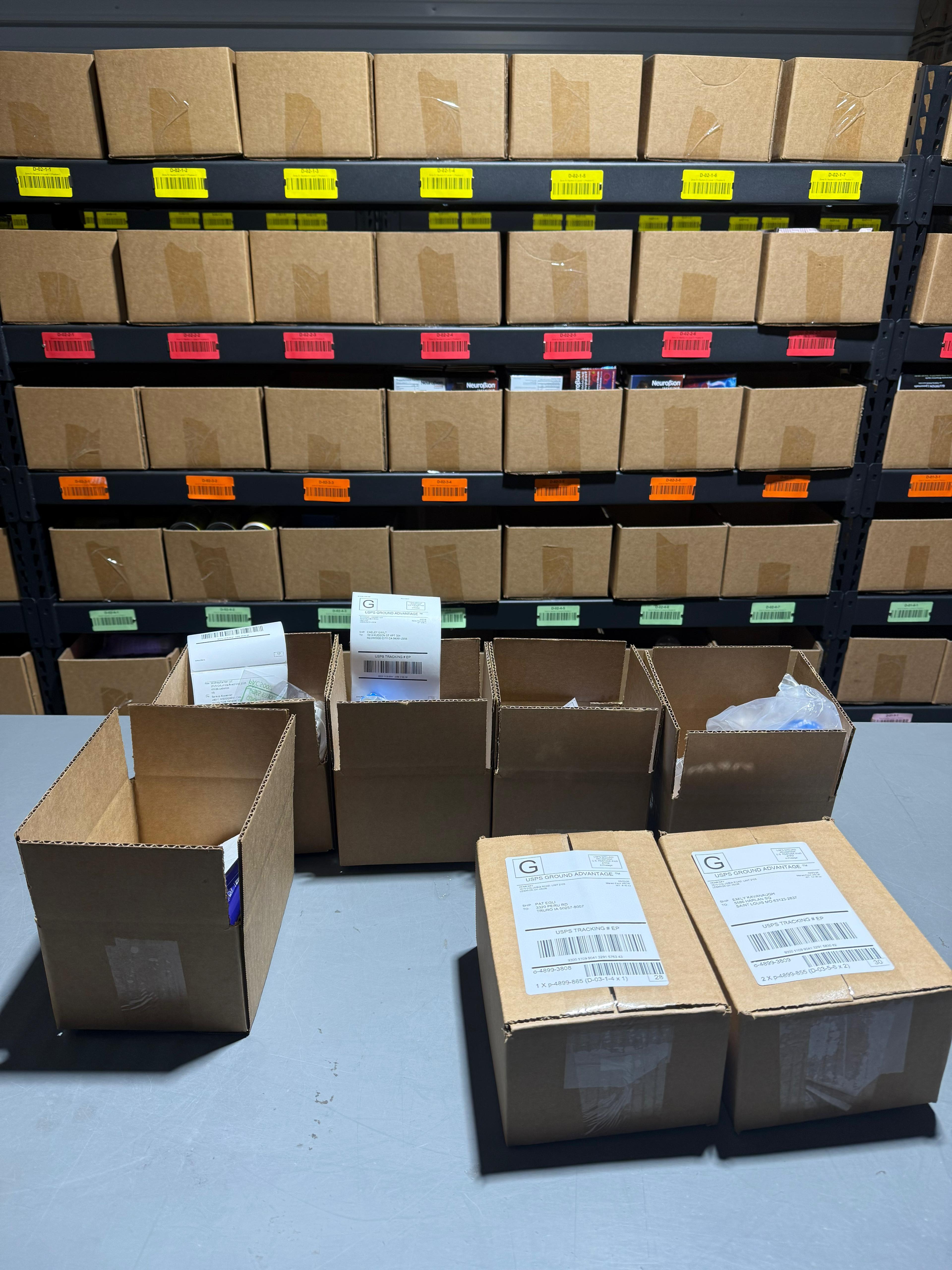 FBM prep table with packed orders ready to ship at 365PrepCenter