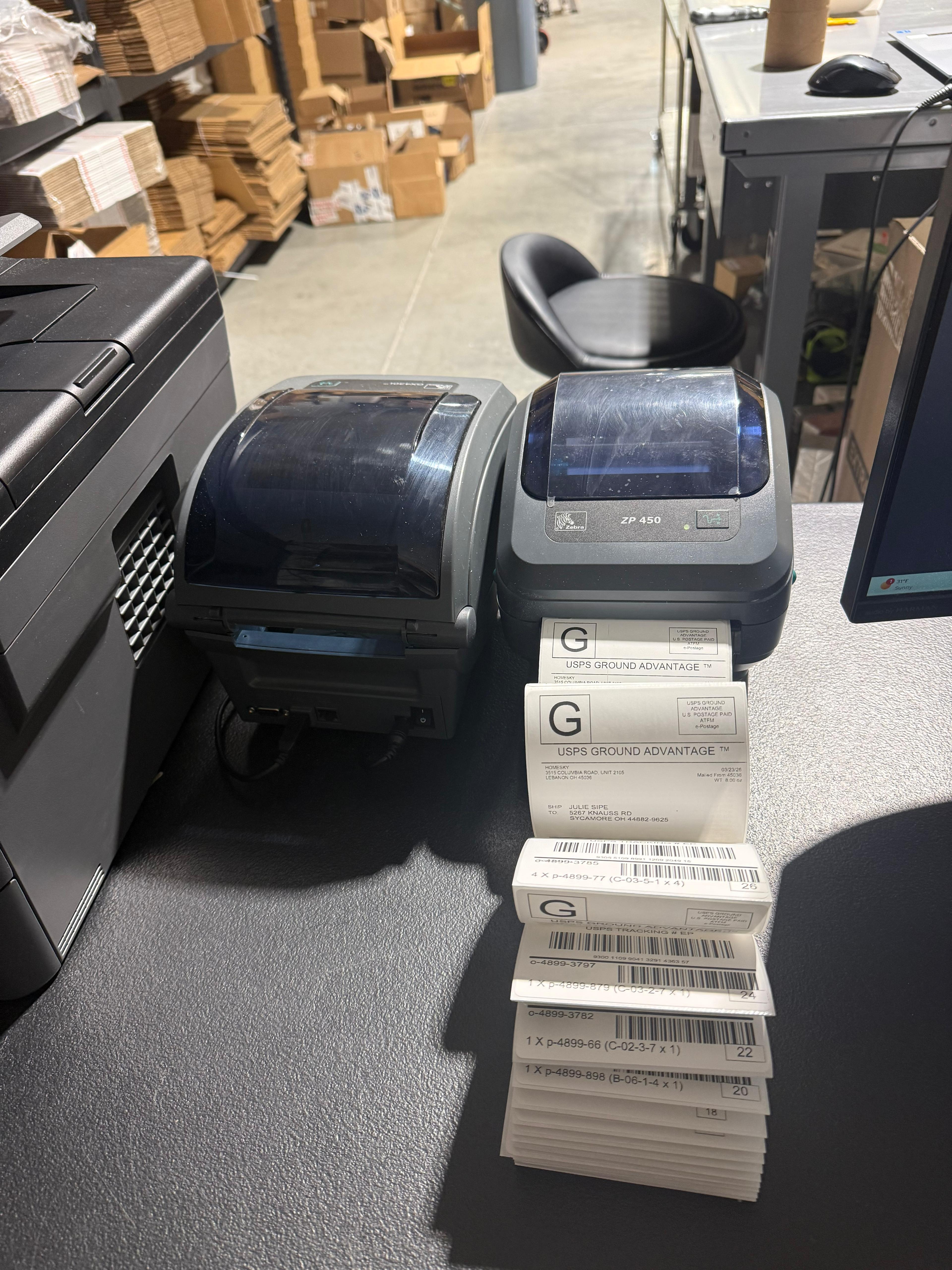 Zebra ZP 450 label printer station at 365PrepCenter